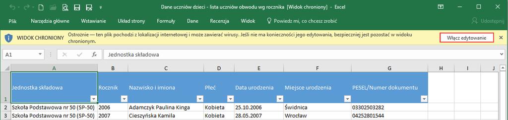 UONET+. Gromadzenie danych uczniów 23/23 7. Korzystając z mechanizmów dostępnych w Excelu, dane te możesz dowolnie przetwarzać (np.
