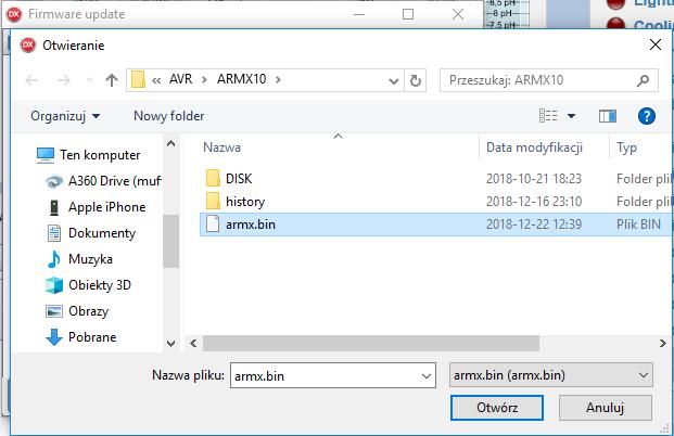 Wyłączyć komputer ARMX. 6. Wcisnąć w okienku aktualizacji firmware przycisk Update. 7. Włączyć komputer ARMX.