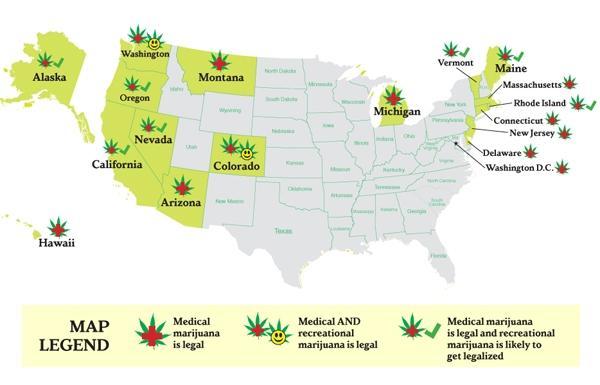 Stanowe regulacje prawne w USA dotyczące marihuany W listopadzie 2012 w stanach Colorado i Washington zalegalizowano produkcje, sprzedaż i używanie marihuany (obowiązuje od grudnia 2013 r.).