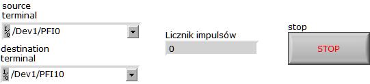 Enkoder BNC2120 Na Panelu Czołowym wybrać odpowiednio terminal wejściowy PFI0i wyjściowy PFI10.