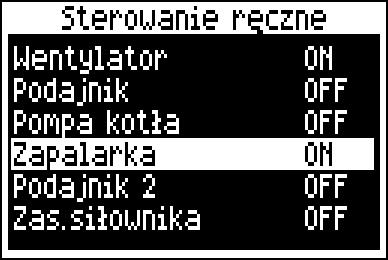 aktualny stan. 8.26 Sterowanie ręczne W regulatorze istnieje możliwość ręcznego włączenia urządzeń wykonawczych, jak na przykład pompy, silnika podajnika lub dmuchawy.