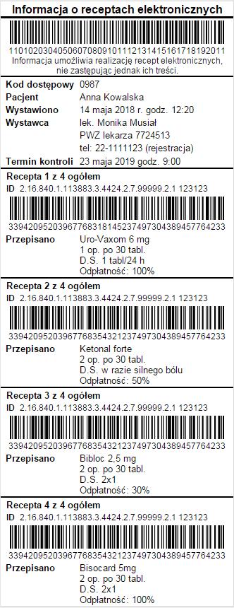 Kod kreskowy do zbiorczej recepty (pakietu recept) Kod kreskowy do poszczególnych e-recept Kod dostępowy, który w połączeniu z numerem PESEL umożliwia pobranie zbiorczej recepty (pakietu recept)