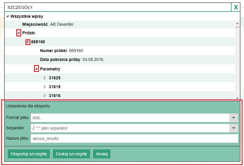 Pokaż szczegóły Ta opcja pokazuje wszystkie szczegóły techniczne wybranego zlecenia (zleceń).