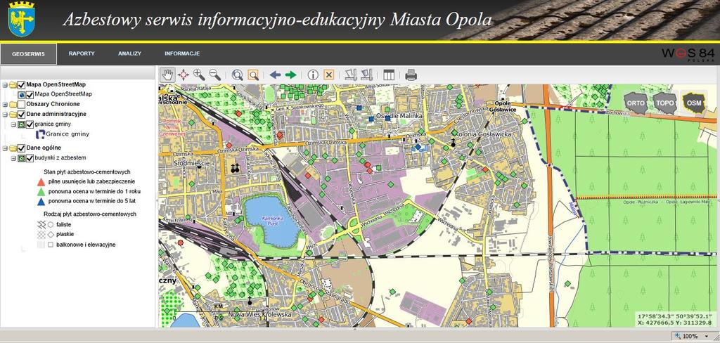 Ryc. 3 Open Street Map jako podkład serwisu azbestowego Miasta Opola Dodatkowo w celu pełnej lokalizacji przestrzennej miejsc wykorzystywania wyrobów zawierających azbest wykorzystana została warstwa