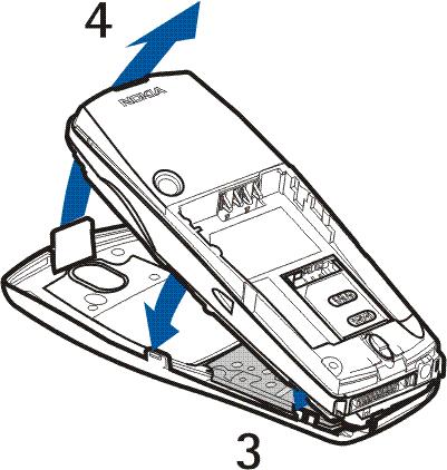 4. Aby za³o yæ przedni± obudowê, najpierw skieruj zaczepy umieszczone w dolnej czê ci obudowy do odpowiadaj±cych im otworów w telefonie (3), po czym delikatnie wepchnij zaczep znajduj±cy siê u góry