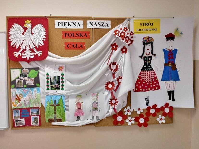 Podsumowaniem realizacji projektu było urządzenie w klasie patriotycznego kącika Piękna nasza Polska cała, w którym umieszczono m.in.