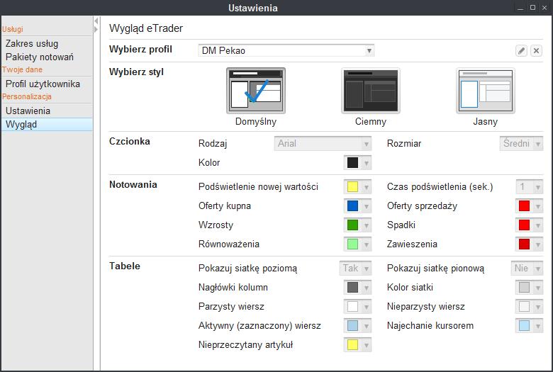 5. WYGLĄD Sekcja Wygląd, widoczna na Rys. 264., pozwala dokonać personalizacji platformy etrader pod względem szaty graficznej. Rys. 264. Ustawienia wyglądu aplikacji etrader W sekcji Wybierz profil wyświetla się aktualnie wybrany schemat graficzny.