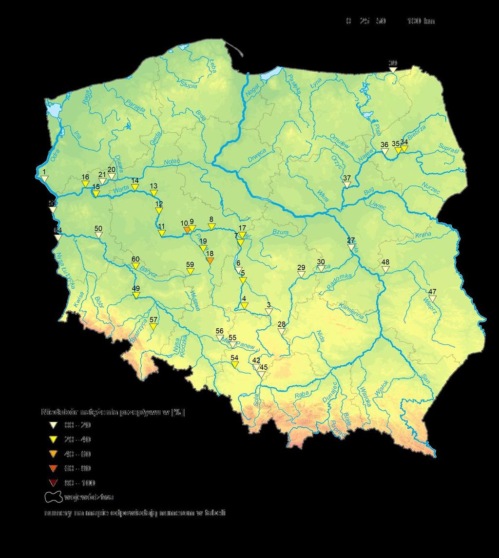 5. Procentowy niedobór przepływu w odniesieniu do SNQ na wybranych stacjach na głównych rzekach