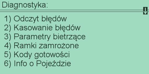 Po wybraniu opcji 1 enterem będzie można wybrać klikając [UP(strzałka w górę)] aby przejść do ustawień oraz [ENTER] aby przejść do właściwego menu diagnostycznego.