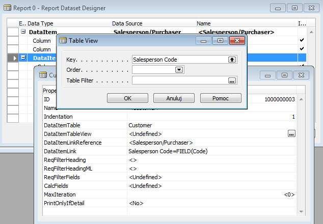 9. We właściwości DataItemTableView ustaw sortowanie dla tabeli Customer. Kliknij Assit-Edit i wybierz klucz Salesperson Code : Kliknij OK i sprawdź jak się zmieniła własność DataItemTableView. 10.