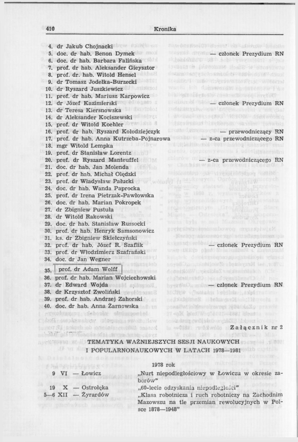 410 Kronika 4. dr Jakub Chojnacki 5. doc. dr hab. Benon Dymek członek Prezydium RN 6. doc. dr hab. Barbara Falińska 7. prof. dr hab. Aleksander Gieysztor 8. prof. dr. hab. Witold Hensel 9.