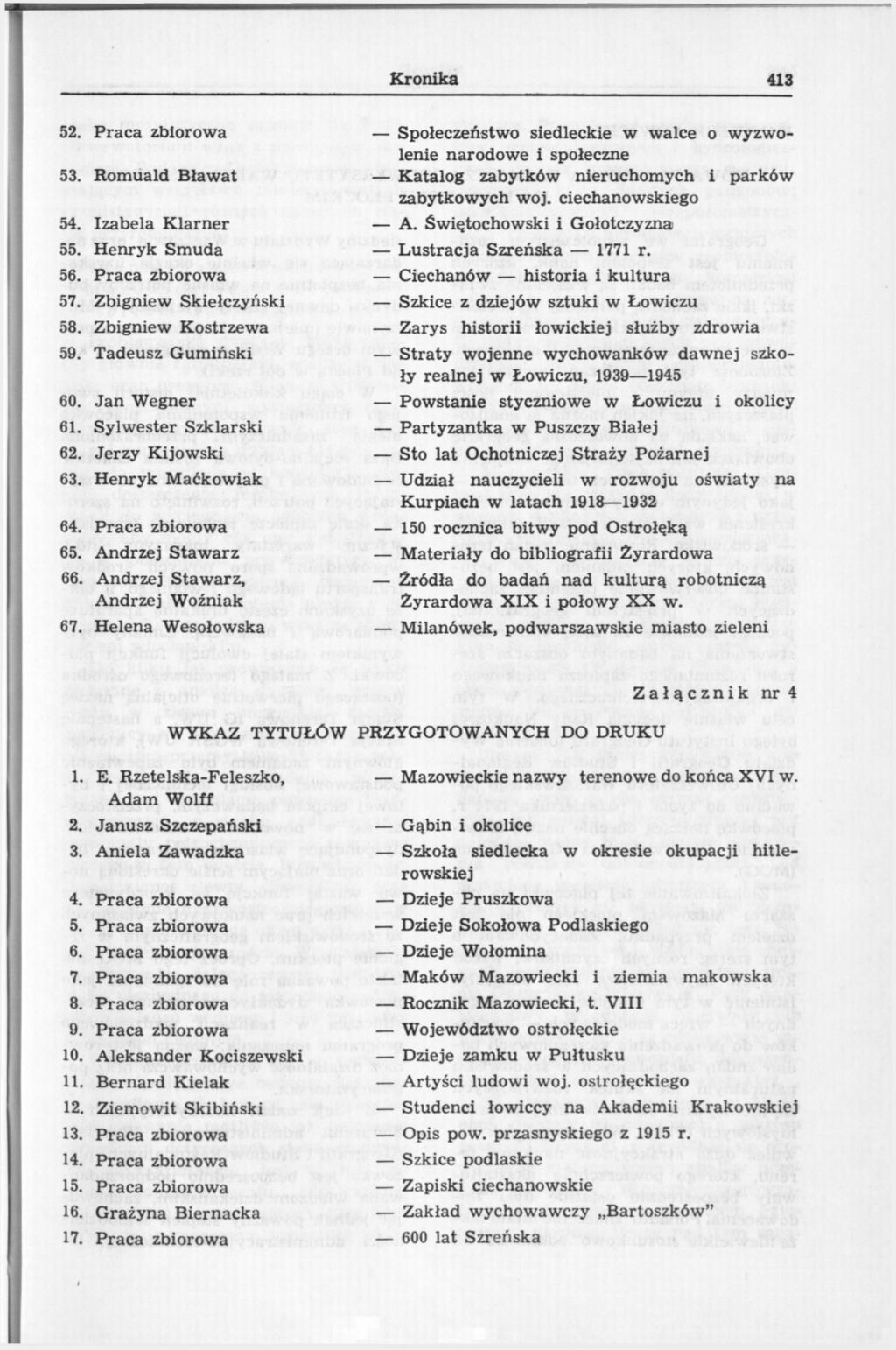 Kronika 413 52. Praca zbiorowa Społeczeństwo siedleckie w walce o wyzwolenie narodowe i społeczne 53. Romuald Bławat Katalog zabytków nieruchomych i parków zabytkowych woj. ciechanowskiego 54.