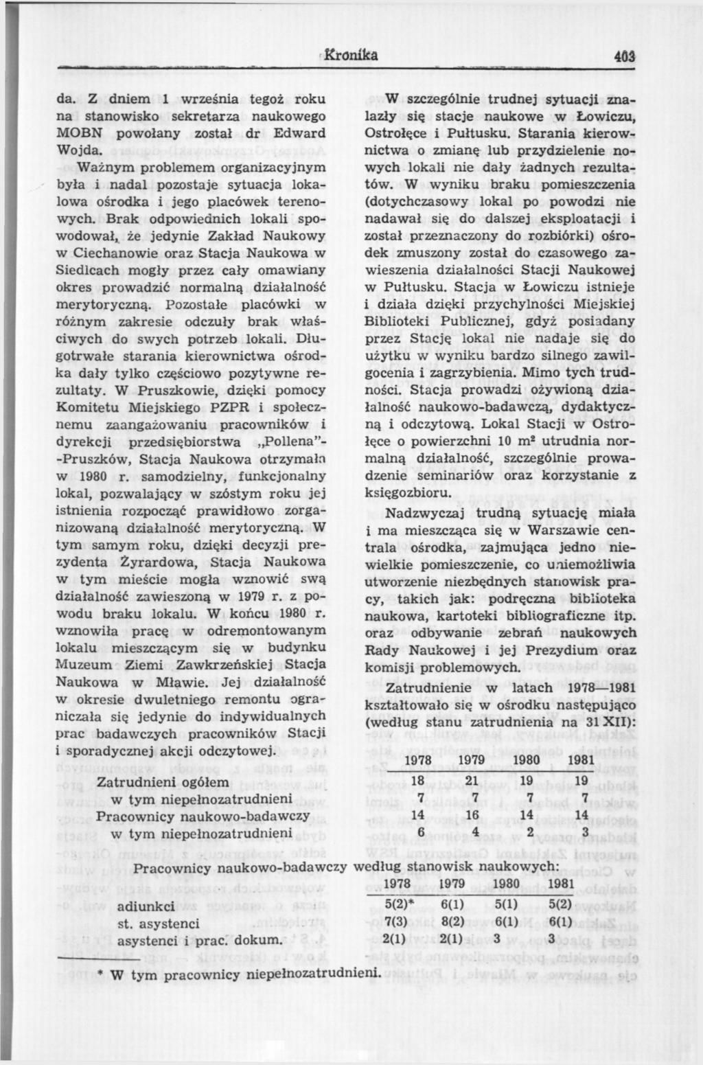 Kronika 403 da. Z dniem 1 września tegoż roku na stanowisko sekretarza naukowego MOBN powołany został dr Edward Wojda.