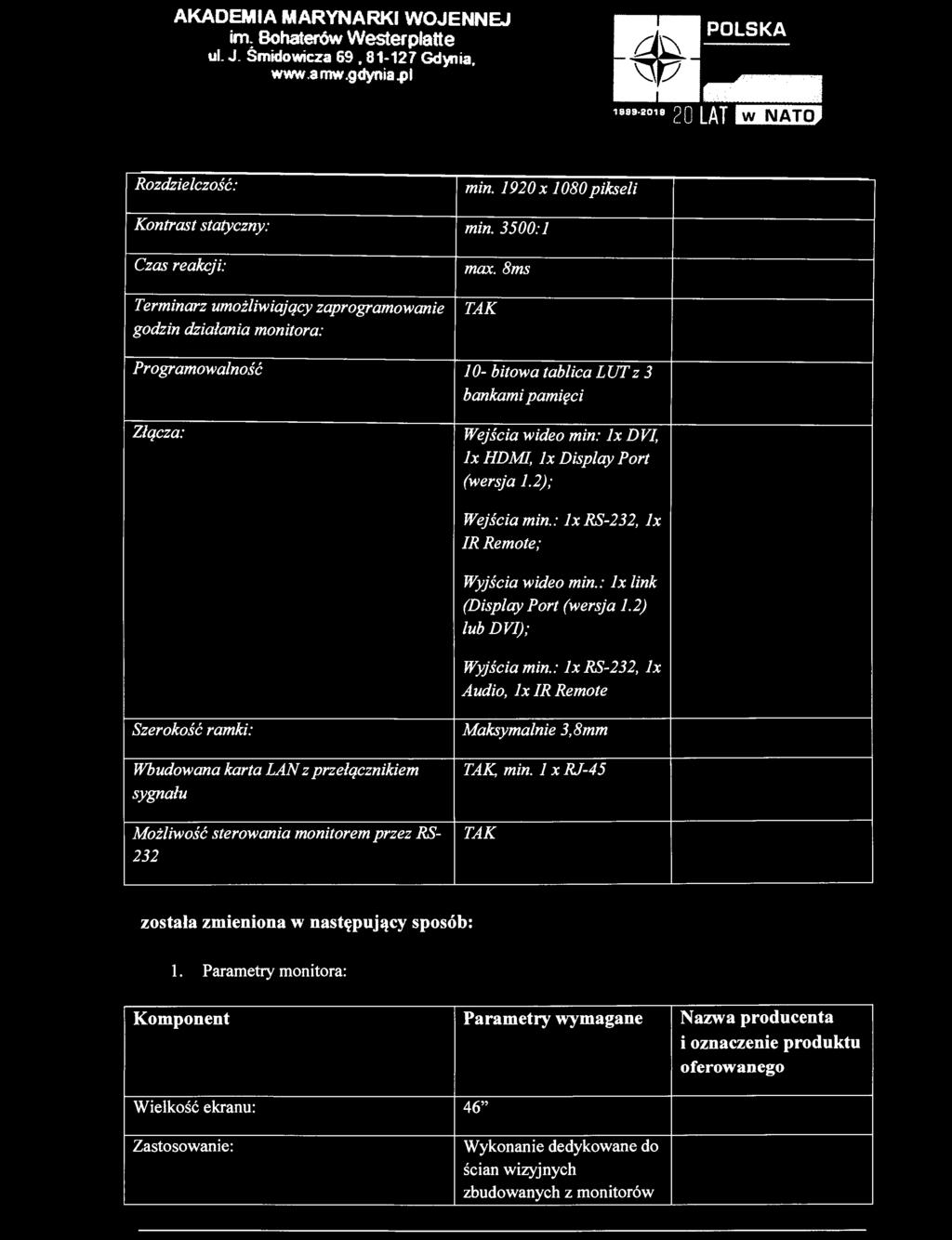 8ms Programowalność 1 O- bitowa tablica L UT z 3 bankami pamięci Złącza : Wejścia wideo min: lx DVI, lx HDMI, lx Display Port (wersja 1.2); Wejścia min.: lx RS-232, lx IR Remote; Wyjścia wideo min.