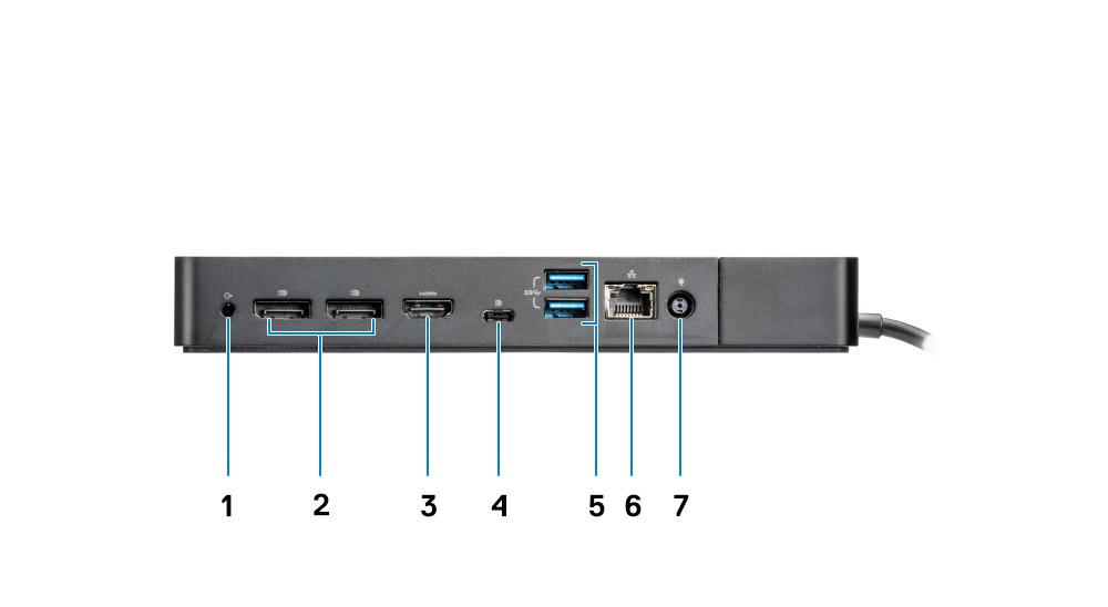 2 Gniazdo blokady Kensington Rysunek 4. Widok z tyłu 1 Wyjście liniowe 2 2 złącza DisplayPort 1.4 3 Złącze HDMI 2.0 4 Złącze USB 3.