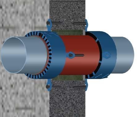 ściany. Kołnierz PROMASTOP - FC zamontowany na ścianie masywnej, dla rur nachylonych.
