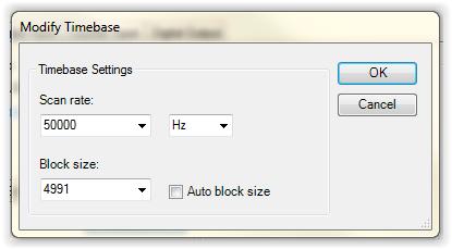 W oknie tym, w polu Scan rate można wpisać żądaną częstotliwość próbkowania, wybrać odpowiednią jednostkę, zaś poniżej, w polu Blocksize można podać odpowiedni rozmiar bufora. Uwaga!