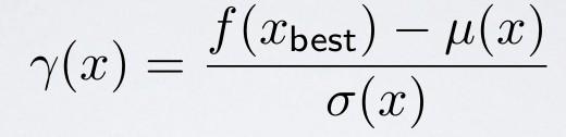 Funkcja akwizycji Posterior GP (Gaussian Processes) dają nam średnią z funkcji μ(x) oraz przewidywaną wariancję funkcji σ2(x).