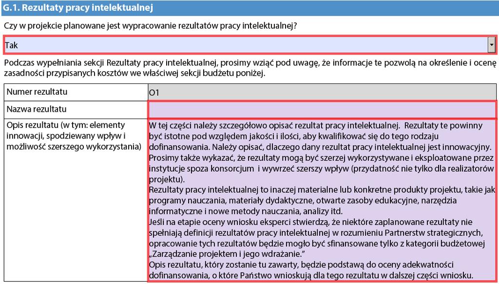 G.1. Rezultaty pracy intelektualnej (Intellectual Outputs) Aby dodać pierwszy rezultat, należy wybrać Tak.