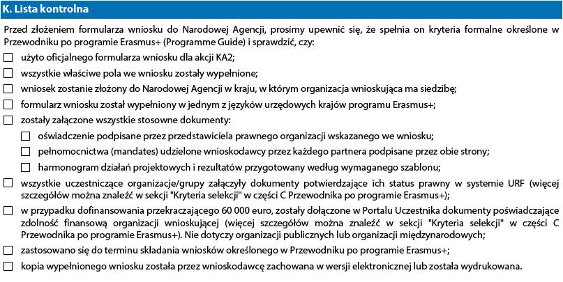 K. Lista kontrolna (Checklist) Przed złożeniem wniosku