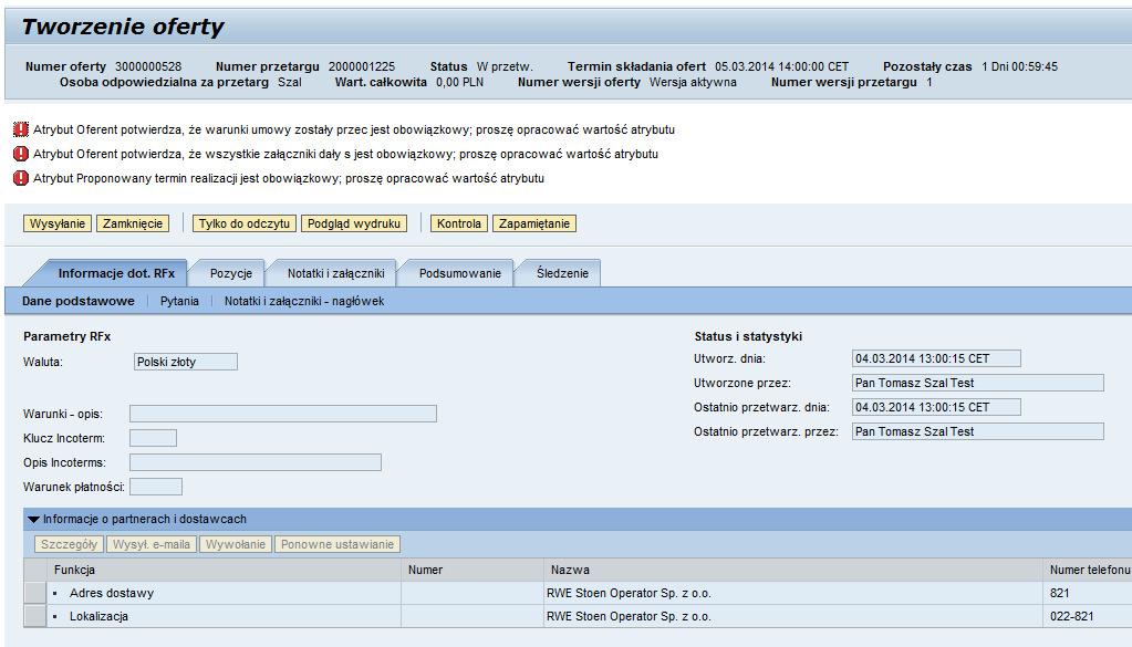 Tworzenie oferty Nagłówek przetargu i komunikaty 1 2 3 W nagłówku ponownie widać dane podstawowe przetargu.
