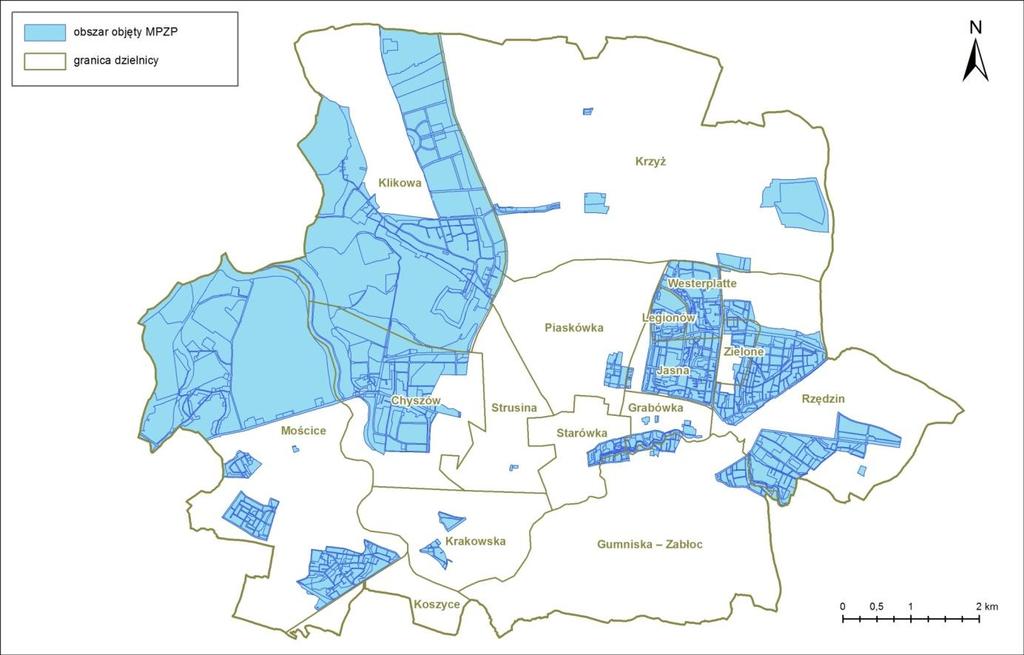 Rys. 7.1. Obszary Miasta Tarnowa objęte obowiązującymi miejscowymi planami zagospodarowania przestrzennego Miasto Tarnów zajmuje powierzchnię 7 238 ha (około 72 km²).