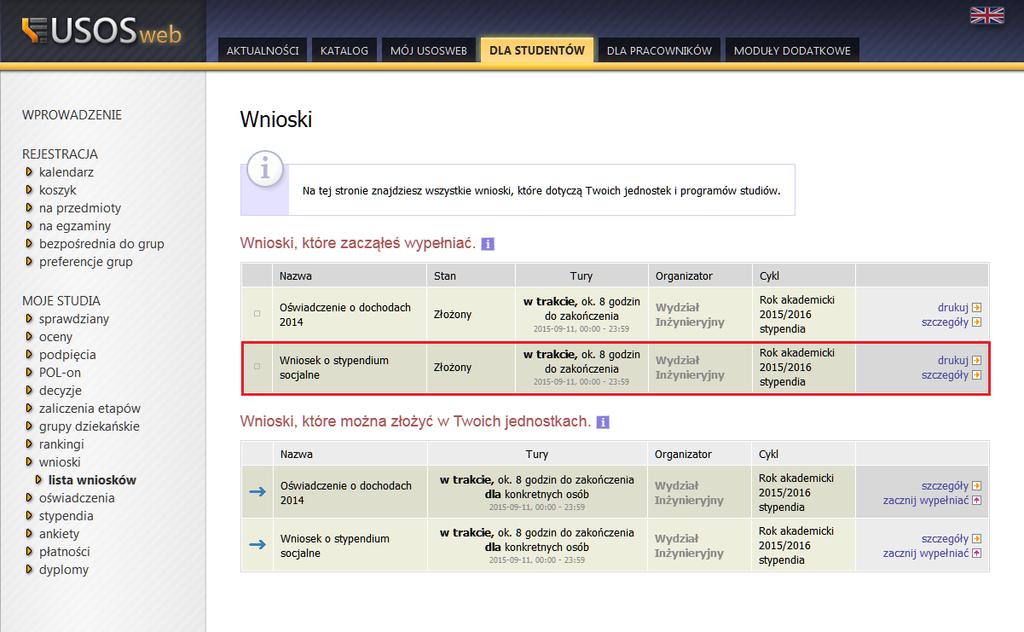 Po wydrukowaniu, w chwili kiedy przejdziesz do modułu głównego WNIOSKI wyświetli się w pierwszej