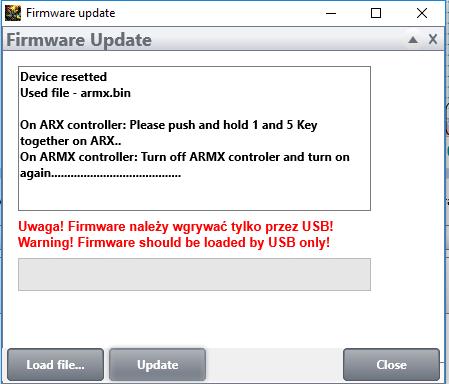 Wyłączyć komputer ARMX. 6. Wcisnąć w okienku aktualizacji firmware przycisk Update. 7. Włączyć komputer ARMX.