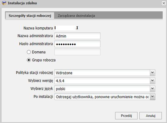 2. Następnie należy zaznaczyć wybraną stację i wybrać opcję Instalacja zdalna. Pojawi się nowe okno z polami do uzupełnienia.