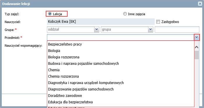 Dokumentowanie lekcji w systemie UONET+ 6/16 W formularzu Dodawanie lekcji domyślnie zaznaczona jest opcja Lekcja, która umożliwia rejestrowanie zajęć z przedmiotów zdefiniowanych w