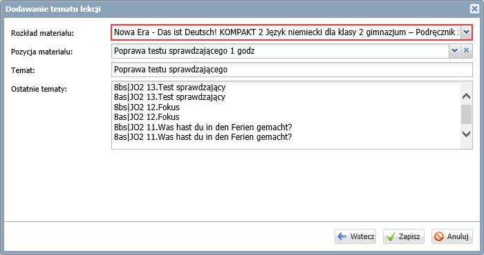 Dokumentowanie lekcji w systemie UONET+ 7/16 Jeśli rozkład nie został dołączony, to temat lekcji należy wprowadzić w polu Temat.