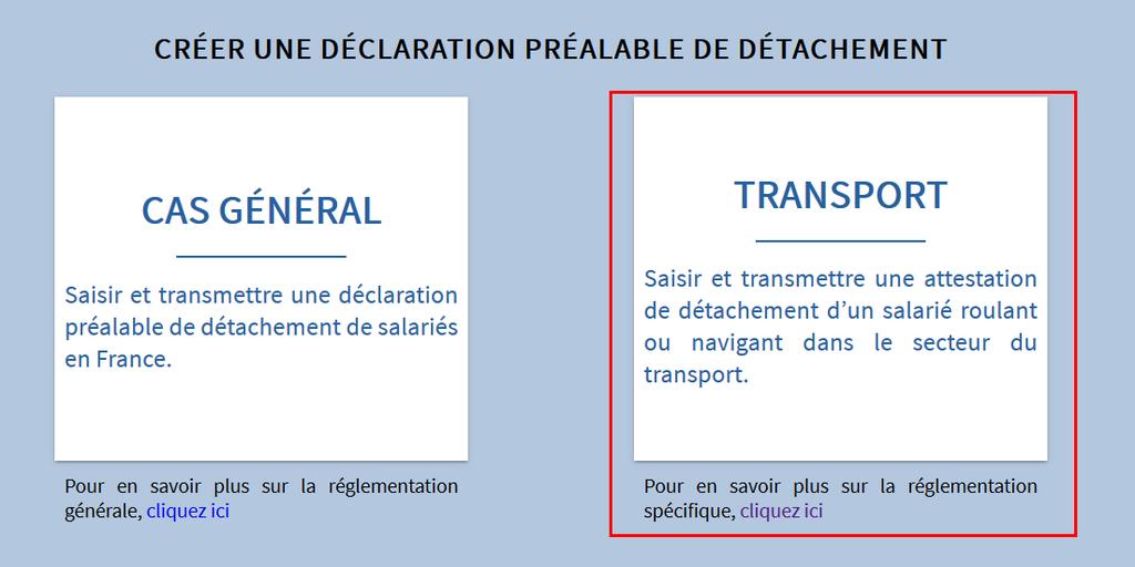 2) Na stronie głównej portalu, w celu wystawienia zaświadczenia należy wybrać opcję TRANSPORT: 3) Następnie wybieramy typ zaświadczenia, pojawią się trzy opcje: Prestation de service internationale -