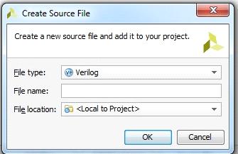 okno: Create Source File File type: Verilog, File name: and_gate, File location: Choose location: Local to Project OK Pojawia się nowe okno z opisem i lokalizacją projektu Finish Następne małe okno: