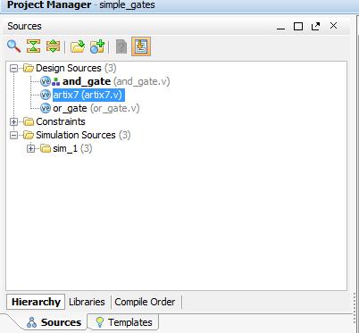 Zwróć również uwagę, że pliki z błędami pojawiają się w oknie Sources w folderze Design sources Syntax Error Files Utwórz analogicznie moduł bramki OR o nazwie or_gate.