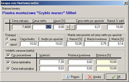 jest o 10% niższa od ceny, to nie musimy tego zapisu zmieniać podczas każdej zmiany ceny towarów (cena minimalna podąża za ceną sprzedaży).