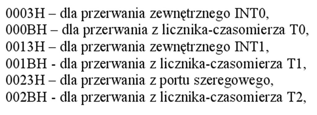 KONFIGURACJA KONTRLERA PRZERWAŃ W ustawienie bitu EA w rejestrze IE powoduje włączenie obsługi przerwań, ustawienie pozostałych bitów uaktywnia odpowiednie przerwania.