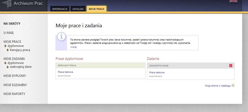 Prace mogą, więc znajdować się w grupie Kierujący pracą (promotor), Recenzent, lub Członek komisji. Natomiast w prawej kolumnie (6) znajdują się zadania do wykonania.