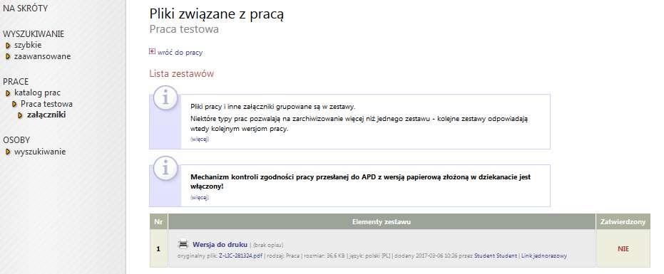 Powrót do strony pracy Żeby pobrać pracę, w celu jej odczytania lub wydrukowania, należy kliknąć w nazwę pliku zawierającego pracę Kontrola antyplagiatowa- Jednolity System Antyplagiatowy