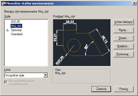 Rys. 5 Następnie w oknie Menedżera, rys. 5, klikamy w stylach nowo-dodany styl, i po prawej stronie przycisk Ustaw bieżący i przycisk Zamknij.