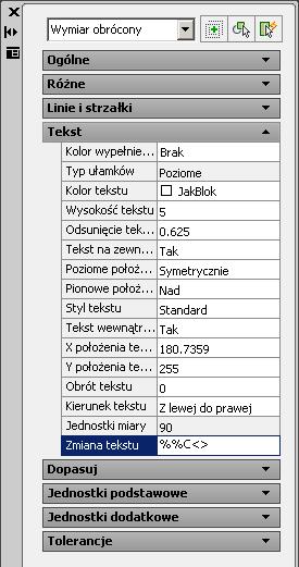 Drugi sposób zmiany tekstu wymiarowego: 1. Wstawiamy wymiar średnicy jak zwykłego wymiaru liniowego, 2. Klikamy 2x ten wymiar lewym klawiszem myszy, co otwiera okno Właściwości wymiaru, 3.