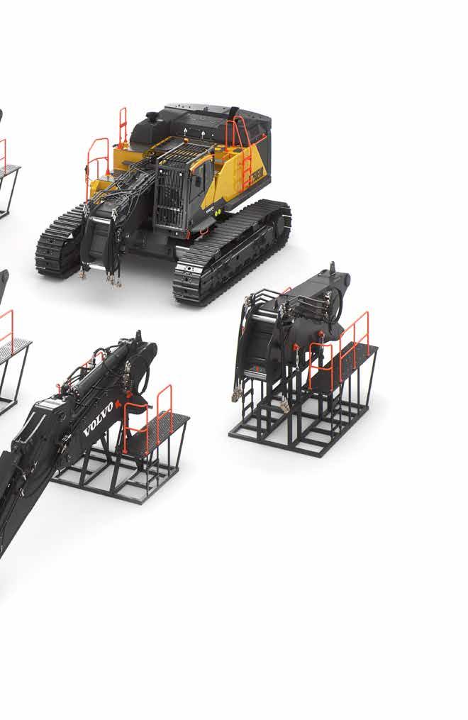 Wyjątkowa stabilność Zupełnie nowe podwozie zaprojektowane specjalnie dla segmentu robót wyburzeniowych cięższe i szersze od koparki Volvo EC950E Dłuższe o 0,5 m i szersze o 1 m niż typowe podwozie