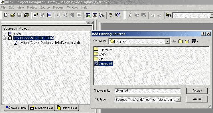 Plik virtex.ucf naleŝy skopiować z danych tutorialu do katalogu roboczego Project Navigator. Plik virtex.