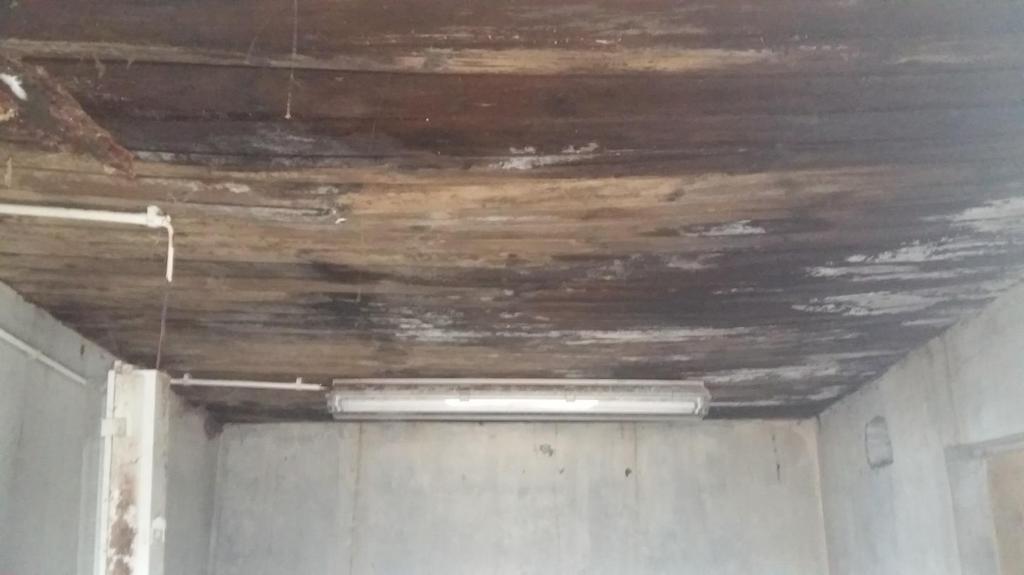 Rysunek 24 Uszkodzony strop/sufit budynku pompowni ścieków oczyszczonych Stan techniczny budynku pompowni ścieków oczyszczonych [8] jest zły, o czym może świadczyć powyższe zdjęcie (rysunek 24).