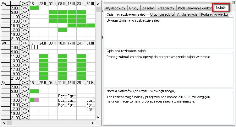Rozkłady zajęć- notatki... 1 Wprowadzanie notatek... 1 Zapisanie notatki... 2 Notatka zawierające grafikę... 2 Słowa kluczowe... 3 Drukowanie notatek.