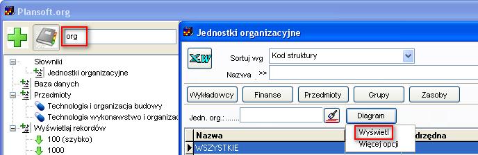 Przykładowy diagram struktury organizacyjnej Uczelni- układ domyślny, bez szczegółów Wyświetlanie fragmentu struktury organizacyjnej W przypadku dużych