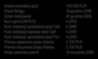 Przykładowe rozliczenie Przykład (zakup waluty) W dniu 18 września 20X8 Klient zawiera transakcję zakupu EUR w ramach transakcji FLO na następujących warunkach: Kwota transakcji opcji: 100.