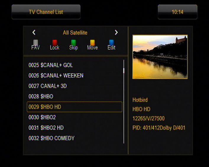 Wybierz kanał i naciśnij OK, aby zobaczyć jego podgląd w małym okienku. Naciśnij żółty przycisk, aby włączyć funkcję przesuwania kanału i ponownie OK na wybranym kanale (możesz wybrać kilka kanałów).