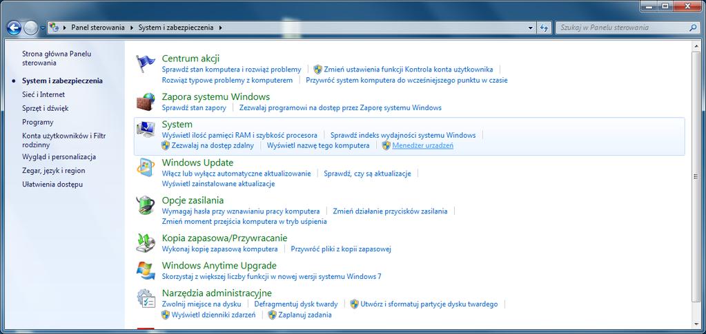 sprzętowych. Należy uruchomić ikonę system w panelu sterowania (Rys. VI.3.
