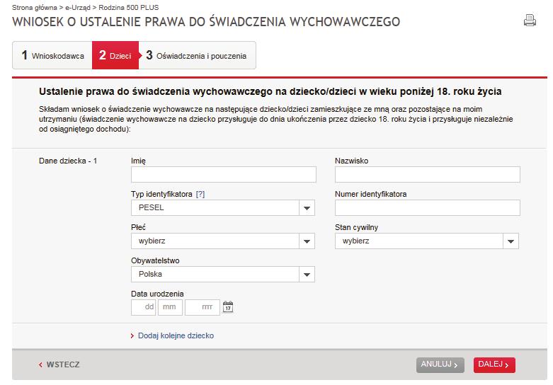 2 KROK WNIOSKU DZIECI W tym kroku należy podać dane dziecka/ dzieci, na które składamy wniosek: imię, nazwisko, PESEL, stan cywilny, obywatelstwo.