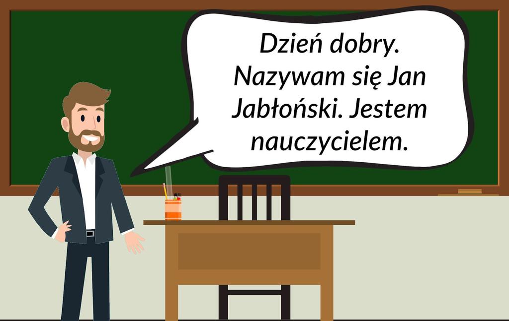 Marek: Cześć! Mam na imię Marek. Jestem z Polski. Jestem uczniem. Jan: Dzień dobry. Jak masz na imię? Marek: Dzień dobry. Mam na imię Marek. Jak Pan się nazywa? Jan: Nazywam się Jan Jabłoński.